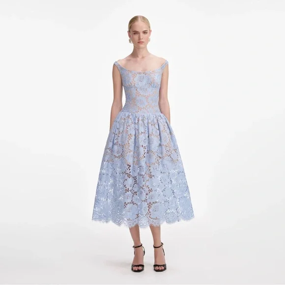 NWT- Self-Portrait Blue Midi Dress in Floral Lace - Picture 12 of 17